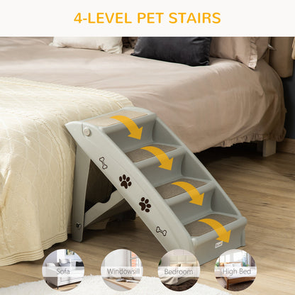 PawHut Foldable Four-Step Pet Stairs, for Cats, Small Miniature Dogs, with Non-Slip Mats 62 x 38 x 49.5cm - Grey