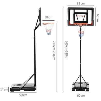 SPORTNOW 2.6-3.1m Adjustable Basketball Hoop and Basketball Stand w/ Backboard and Weighted Base, Portable on Wheels, Black