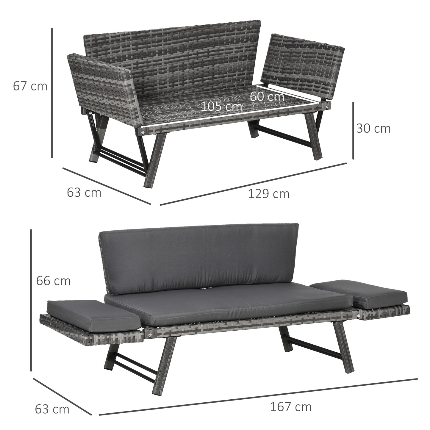 Sofa Outsunny 2-osobowa z rattanu z poduszkami, 2-w-1 z rattanu PE z podłokietnikami lewostronnymi w górę lub w dół, ogrodowa leżanka dwuosobowa na zewnątrz, patio, mieszany szary