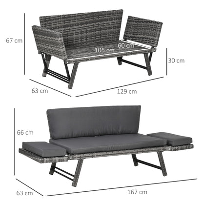 Sofa Outsunny 2-osobowa z rattanu z poduszkami, 2-w-1 z rattanu PE z podłokietnikami lewostronnymi w górę lub w dół, ogrodowa leżanka dwuosobowa na zewnątrz, patio, mieszany szary