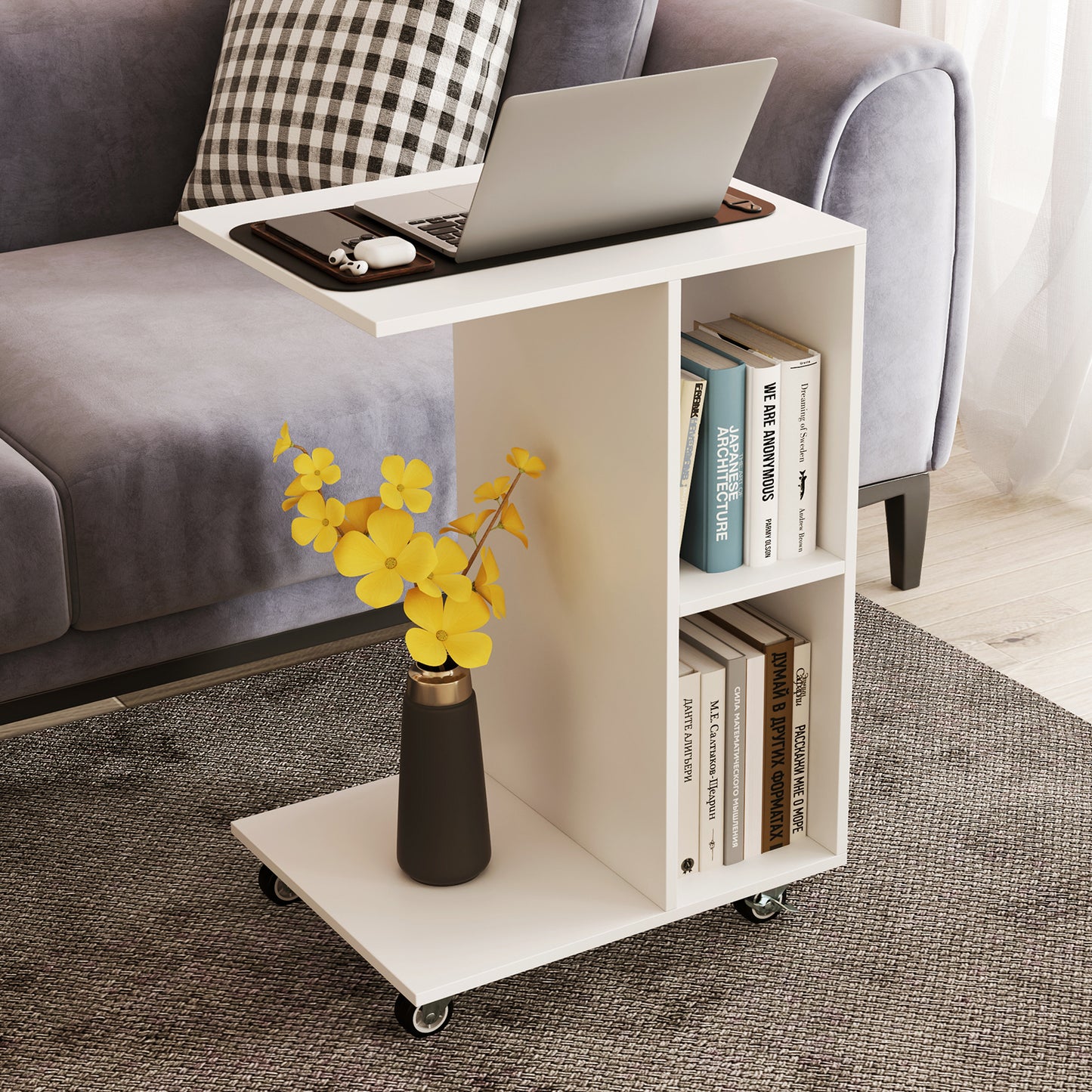 C-Shaped End Table Narrow Side Table with Storage Shelves-White
