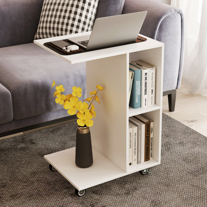 C-Shaped End Table Narrow Side Table with Storage Shelves-White