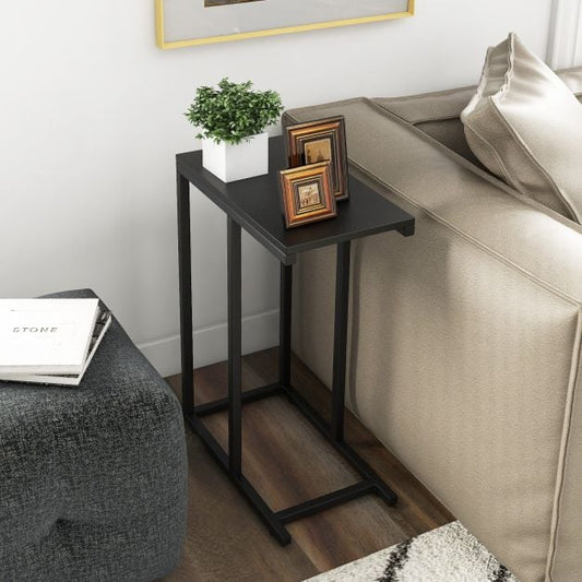 &#39;C&#39; Shaped Side Table for Sofa and Bed Sofa Side Table 64cm Metal Frame TV Tray Table Rustic Oak Black