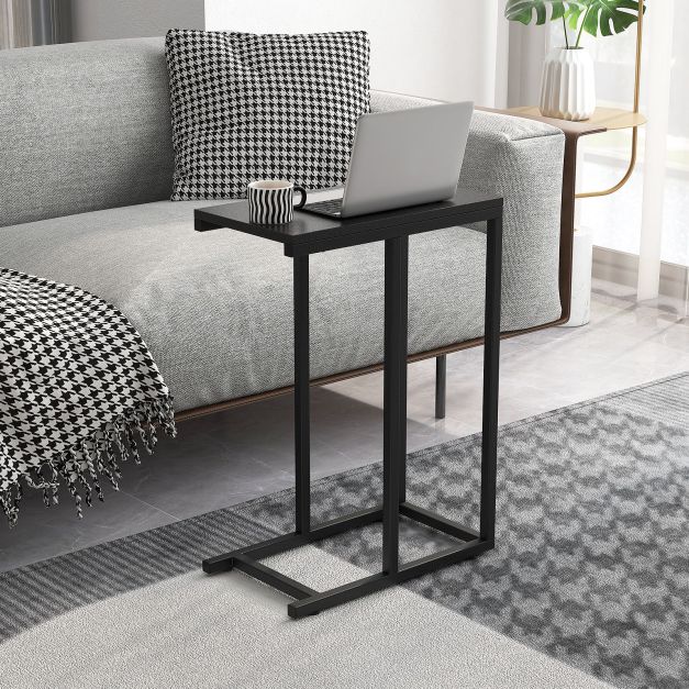 &#39;C&#39; Shaped Side Table for Sofa and Bed Sofa Side Table 64cm Metal Frame TV Tray Table Rustic Oak Black