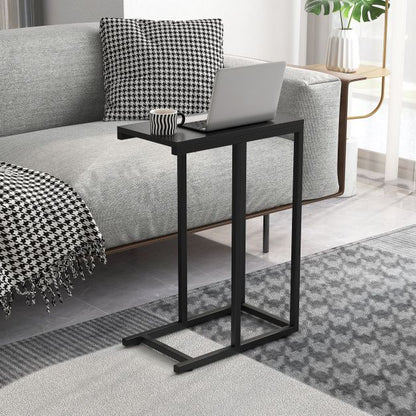 &#39;C&#39; Shaped Side Table for Sofa and Bed Sofa Side Table 64cm Metal Frame TV Tray Table Rustic Oak Black