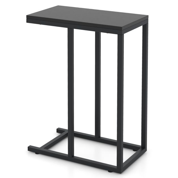 &#39;C&#39; Shaped Side Table for Sofa and Bed Sofa Side Table 64cm Metal Frame TV Tray Table Rustic Oak Black