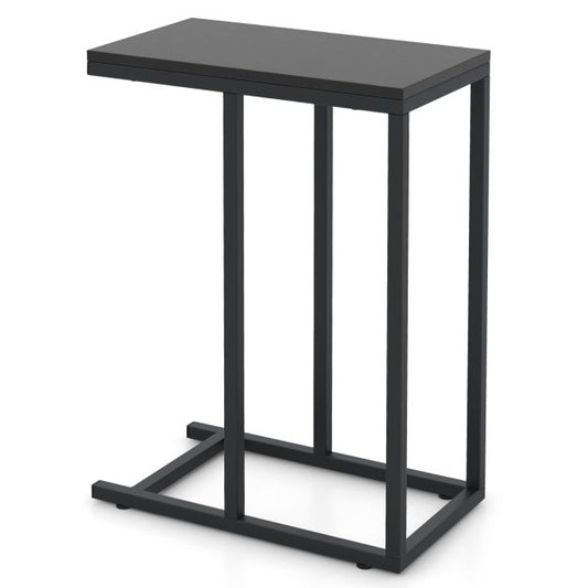 &#39;C&#39; Shaped Side Table for Sofa and Bed Sofa Side Table 64cm Metal Frame TV Tray Table Rustic Oak Black