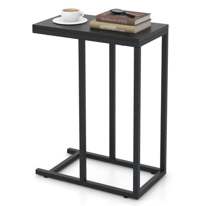 &#39;C&#39; Shaped Side Table for Sofa and Bed Sofa Side Table 64cm Metal Frame TV Tray Table Rustic Oak Black