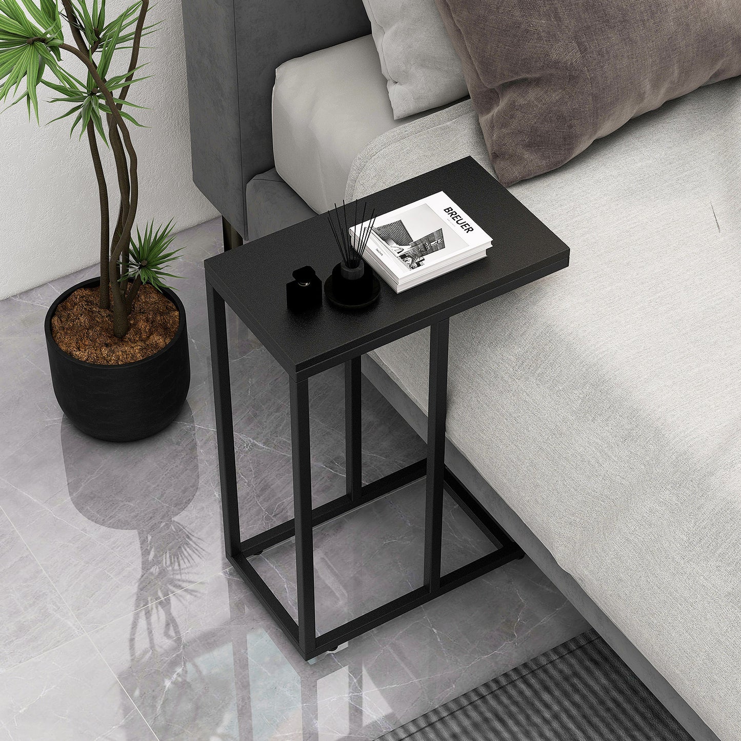 C-Shaped End Table for Couch and Bed with Metal Frame-Black