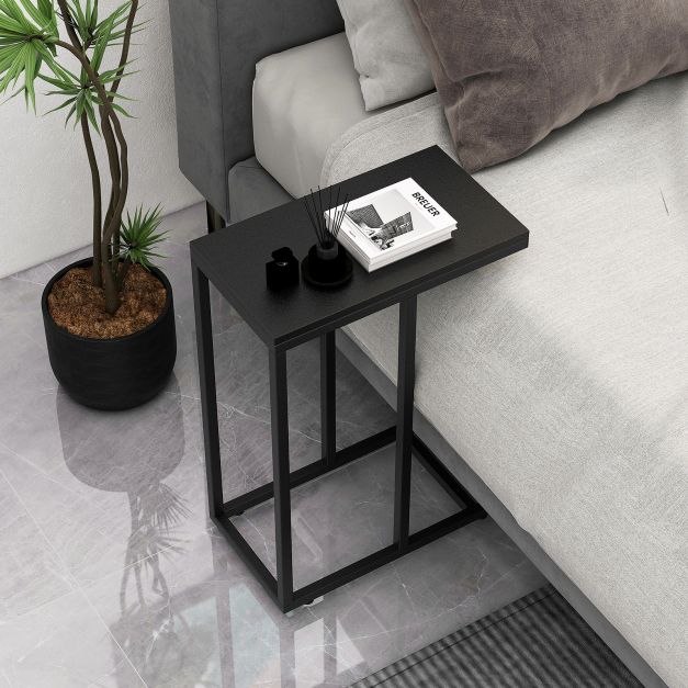 &#39;C&#39; Shaped Side Table for Sofa and Bed Sofa Side Table 64cm Metal Frame TV Tray Table Rustic Oak Black