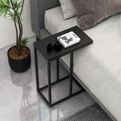 &#39;C&#39; Shaped Side Table for Sofa and Bed Sofa Side Table 64cm Metal Frame TV Tray Table Rustic Oak Black