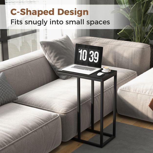 &#39;C&#39; Shaped Side Table for Sofa and Bed Sofa Side Table 64cm Metal Frame TV Tray Table Rustic Oak Black
