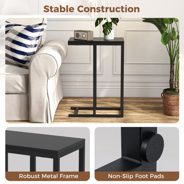 &#39;C&#39; Shaped Side Table for Sofa and Bed Sofa Side Table 64cm Metal Frame TV Tray Table Rustic Oak Black