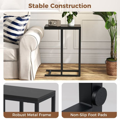 &#39;C&#39; Shaped Side Table for Sofa and Bed Sofa Side Table 64cm Metal Frame TV Tray Table Rustic Oak Black