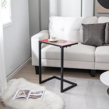 C-shaped Outdoor Side Table with Ceramic Top and Metal Frame