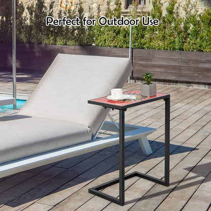 C-shaped Outdoor Side Table with Ceramic Top and Metal Frame