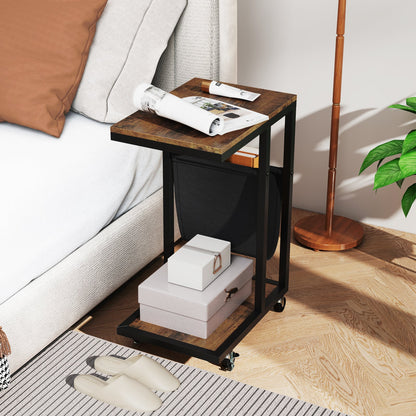 C-shaped Side Table on Wheels with Storage Pouch for Living Room and Bedroom-Rustic Brown