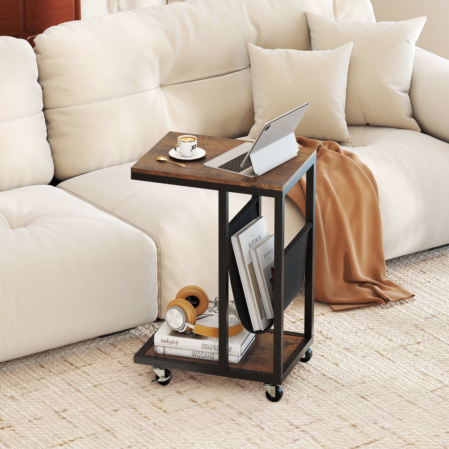 C-shaped Side Table on Wheels with Storage Pouch for Living Room and Bedroom-Rustic Brown