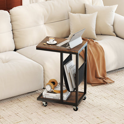 C-shaped Side Table on Wheels with Storage Pouch for Living Room and Bedroom-Rustic Brown