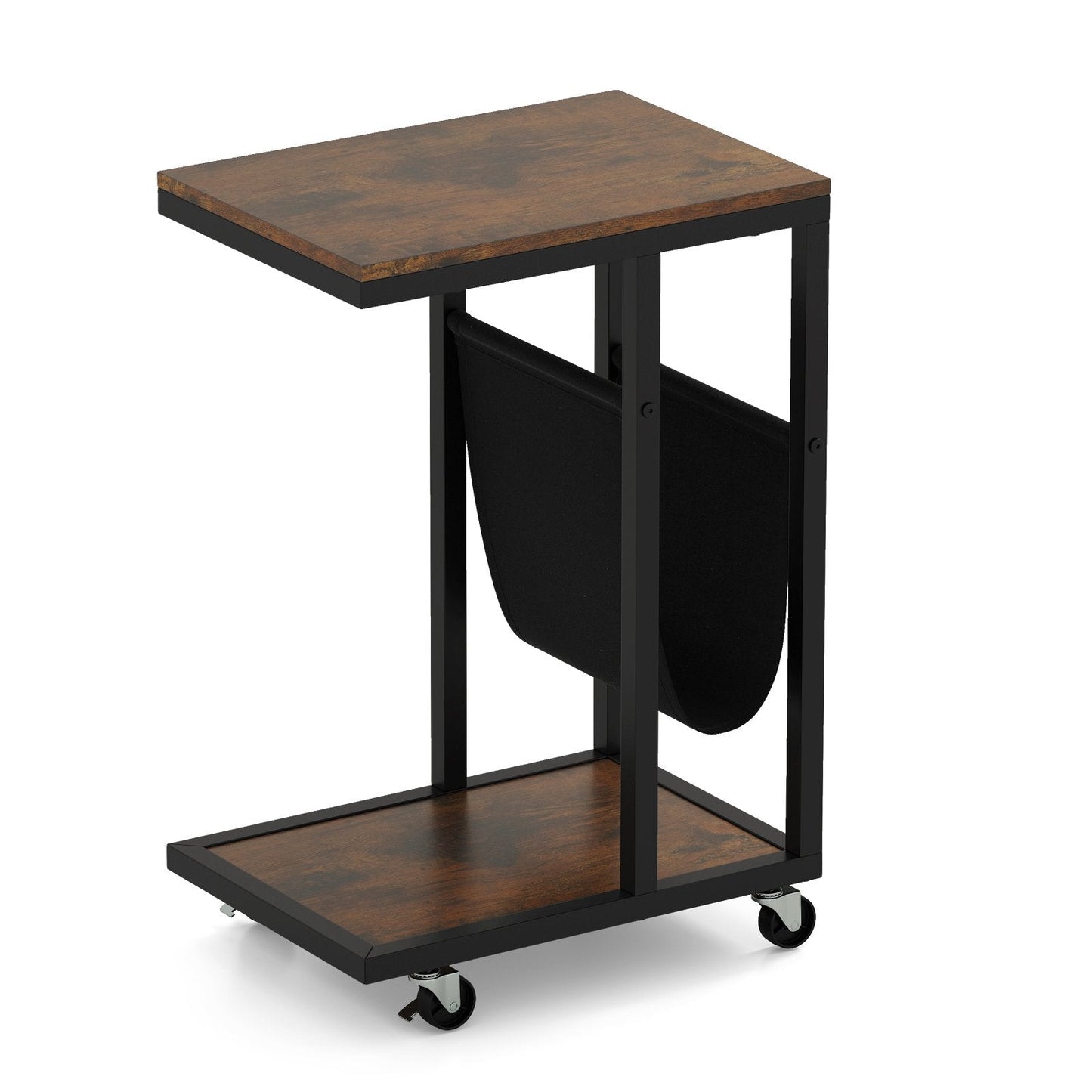 C-shaped Side Table on Wheels with Storage Pouch for Living Room and Bedroom-Rustic Brown