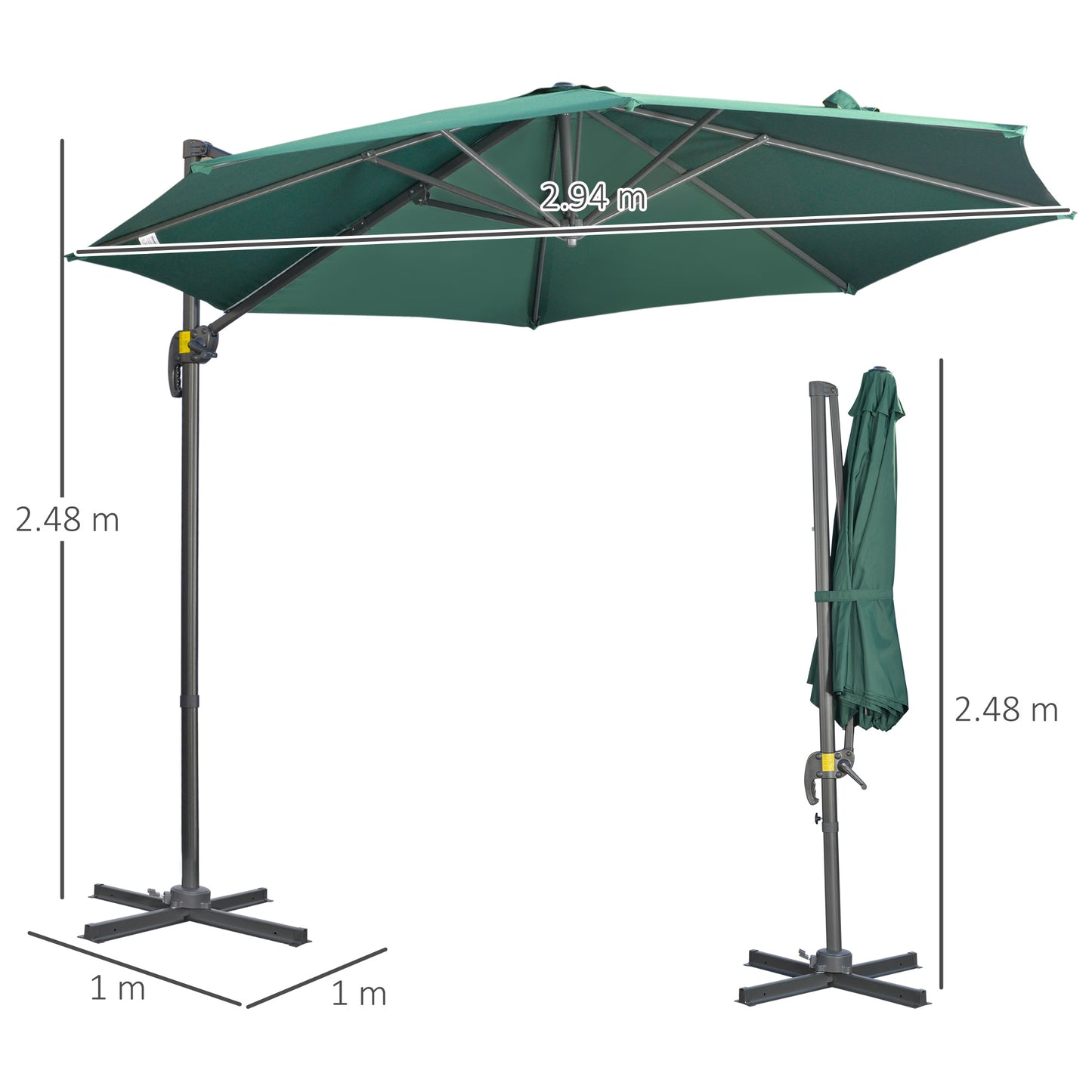 Outsunny 3 x 3(m) Parasol ogrodowy z podstawą krzyżową, obrotowy o 360√∞, z korbką i funkcją pochylania, do użytku na zewnątrz, na patio, w kolorze zielonym