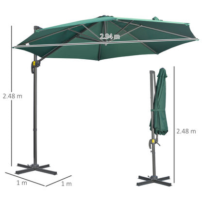 Outsunny 3 x 3(m) Parasol ogrodowy z podstawą krzyżową, obrotowy o 360√∞, z korbką i funkcją pochylania, do użytku na zewnątrz, na patio, w kolorze zielonym