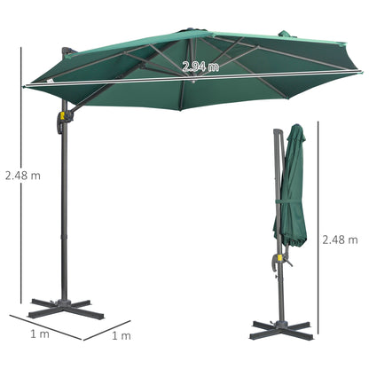 Outsunny 3 x 3(m) Cantilever Parasol with Cross Base, Garden Umbrella with 360 Rotation, Crank Handle and Tilt for Outdoor, Patio, Green
