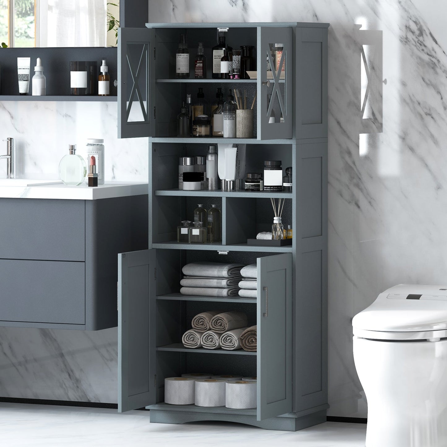 Tall Bathroom Floor Storage Cabinet with Acrylic Doors and 3 Cubes-Grey