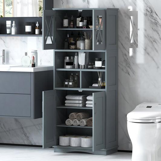 Tall Bathroom Floor Storage Cabinet with Acrylic Doors and 3 Cubes-Grey