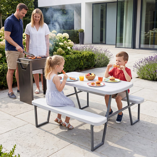 Camping Table and Chairs with Umbrella Hole and Metal Frame for Boys Girls Ages 3-8-White