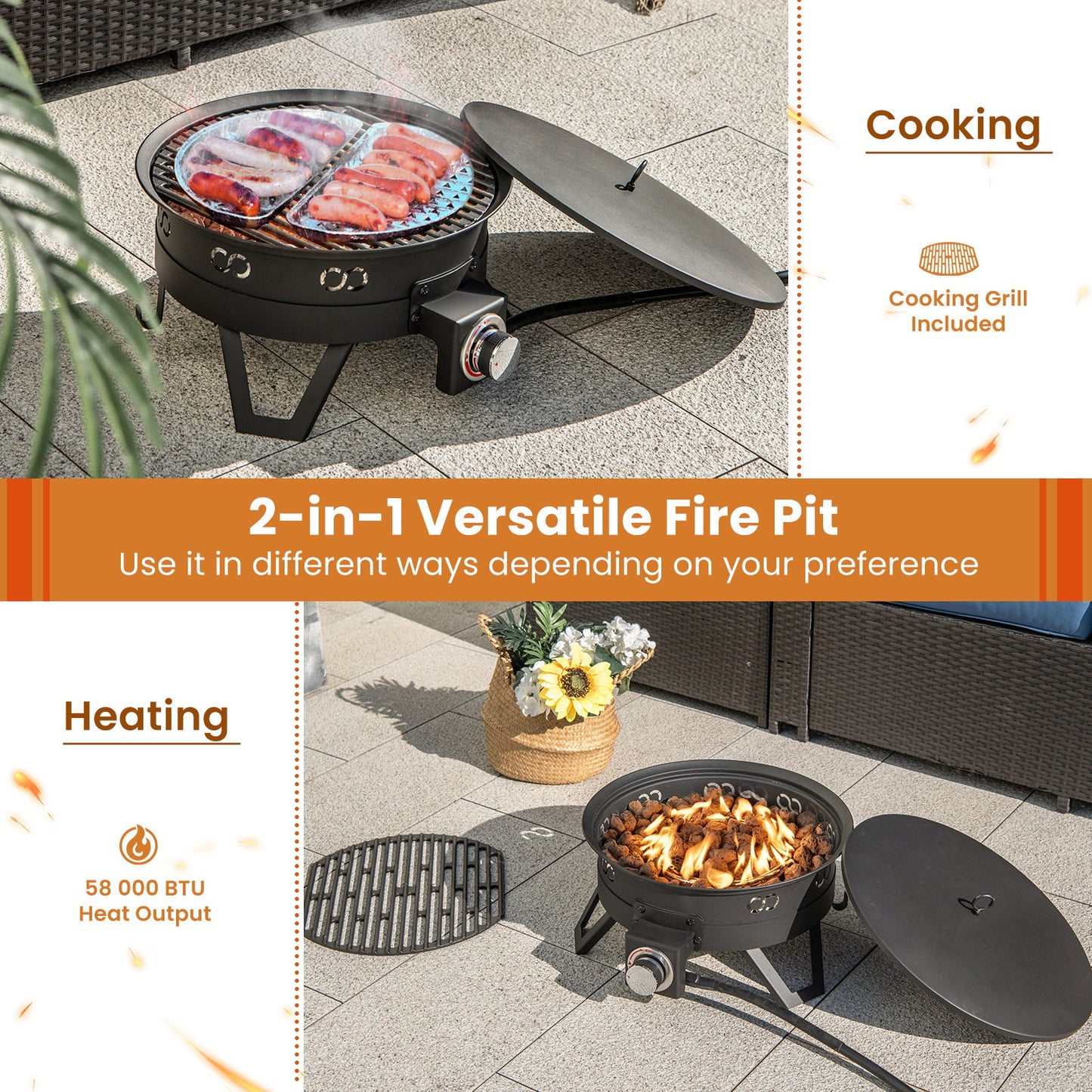 Camping 44cm 58000 BTU Propane Firepit Portable Gas Fire Pit