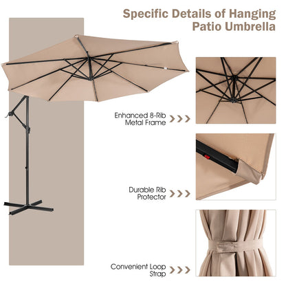 10 ft Cantilever Umbrella with 32 Solar-Powered LED Lights for Backyard Poolside Market-Beige