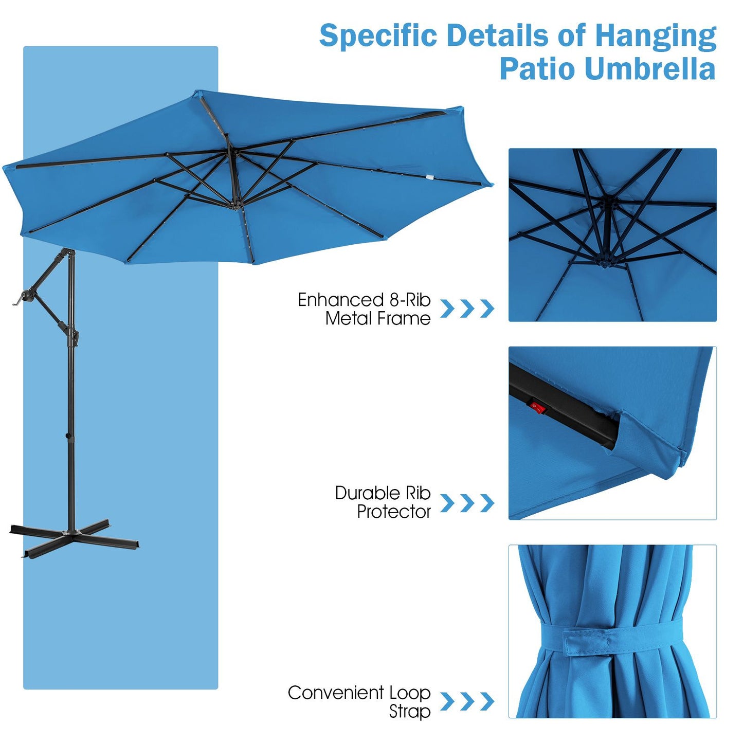 10 ft Cantilever Umbrella with 32 Solar-Powered LED Lights for Backyard Poolside Market-Blue