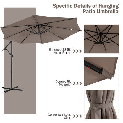 10 ft Cantilever Umbrella with 32 Solar-Powered LED Lights for Backyard Poolside Market-Coffee