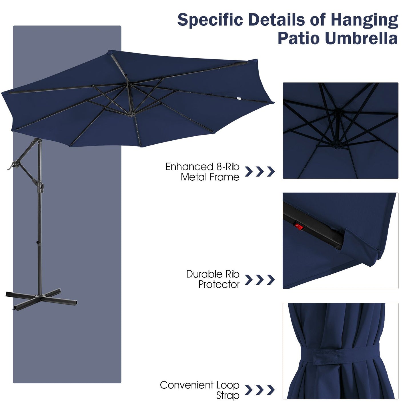 10 ft Cantilever Umbrella with 32 Solar-Powered LED Lights for Backyard Poolside Market-Navy