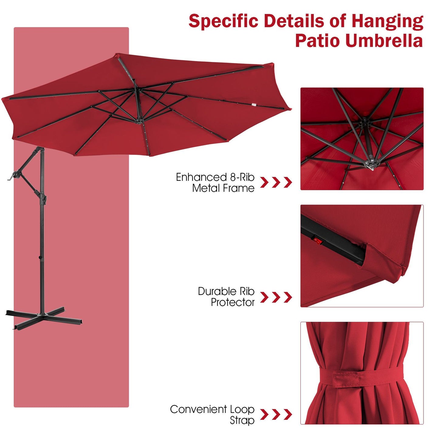 10 ft Cantilever Umbrella with 32 Solar-Powered LED Lights for Backyard Poolside Market-Wine