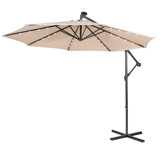 10 ft Cantilever Umbrella with 32 Solar-Powered LED Lights for Backyard Poolside Market-Beige