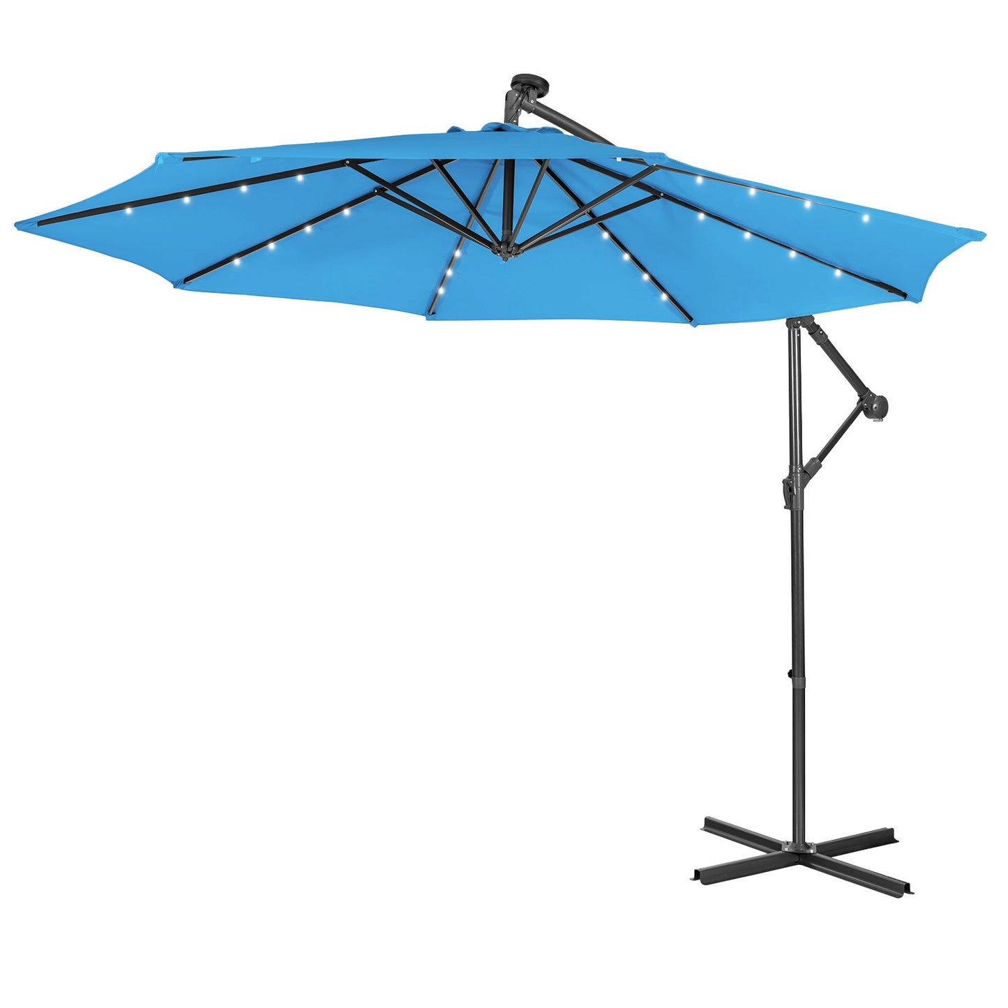 10 ft Cantilever Umbrella with 32 Solar-Powered LED Lights for Backyard Poolside Market-Blue