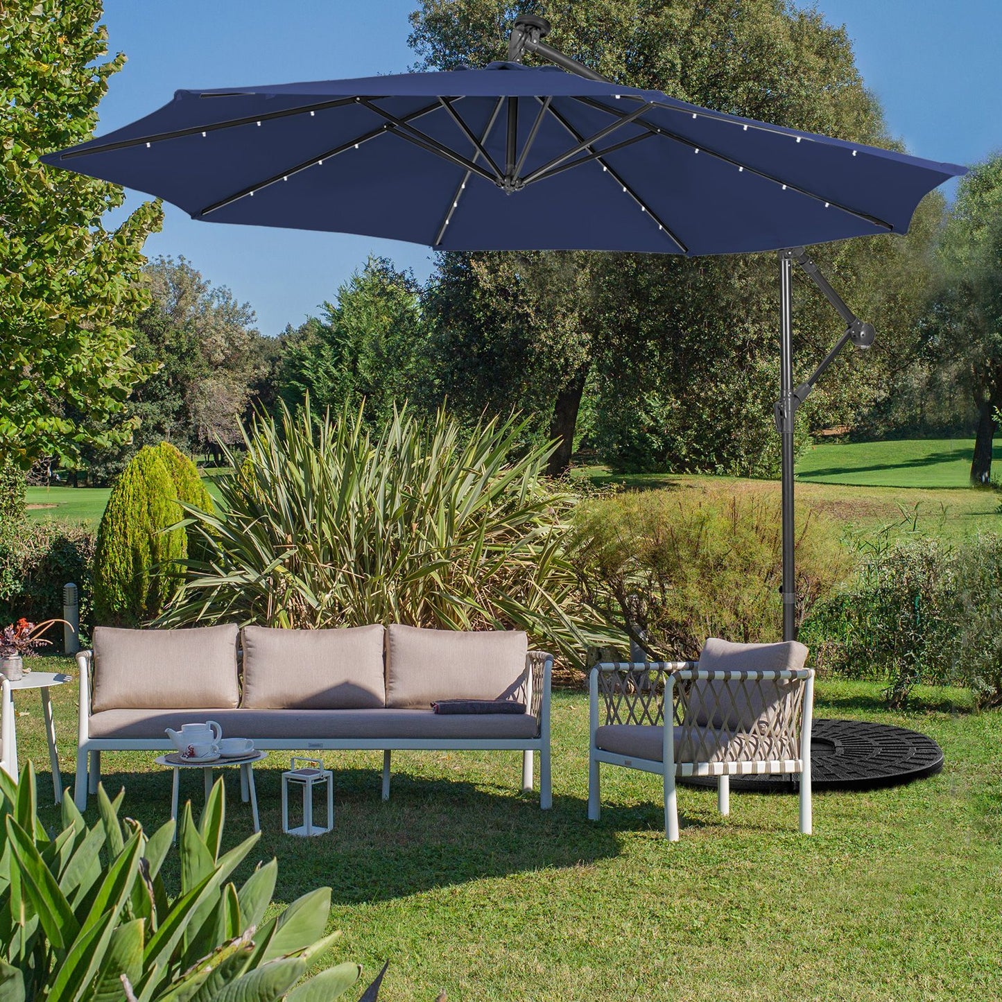 10 ft Cantilever Umbrella with 32 Solar-Powered LED Lights for Backyard Poolside Market-Navy