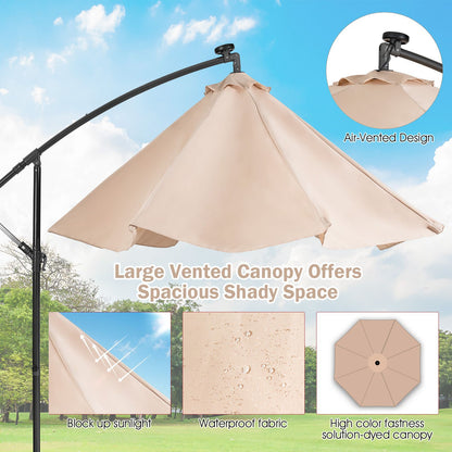 10 ft Cantilever Umbrella with 32 Solar-Powered LED Lights for Backyard Poolside Market-Beige