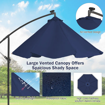 10 ft Cantilever Umbrella with 32 Solar-Powered LED Lights for Backyard Poolside Market-Navy