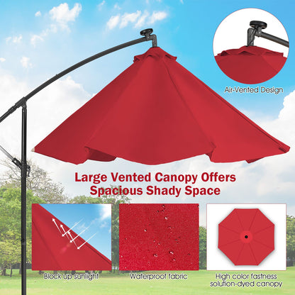 10 ft Cantilever Umbrella with 32 Solar-Powered LED Lights for Backyard Poolside Market-Wine