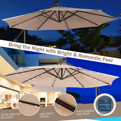 10 ft Cantilever Umbrella with 32 Solar-Powered LED Lights for Backyard Poolside Market-Beige