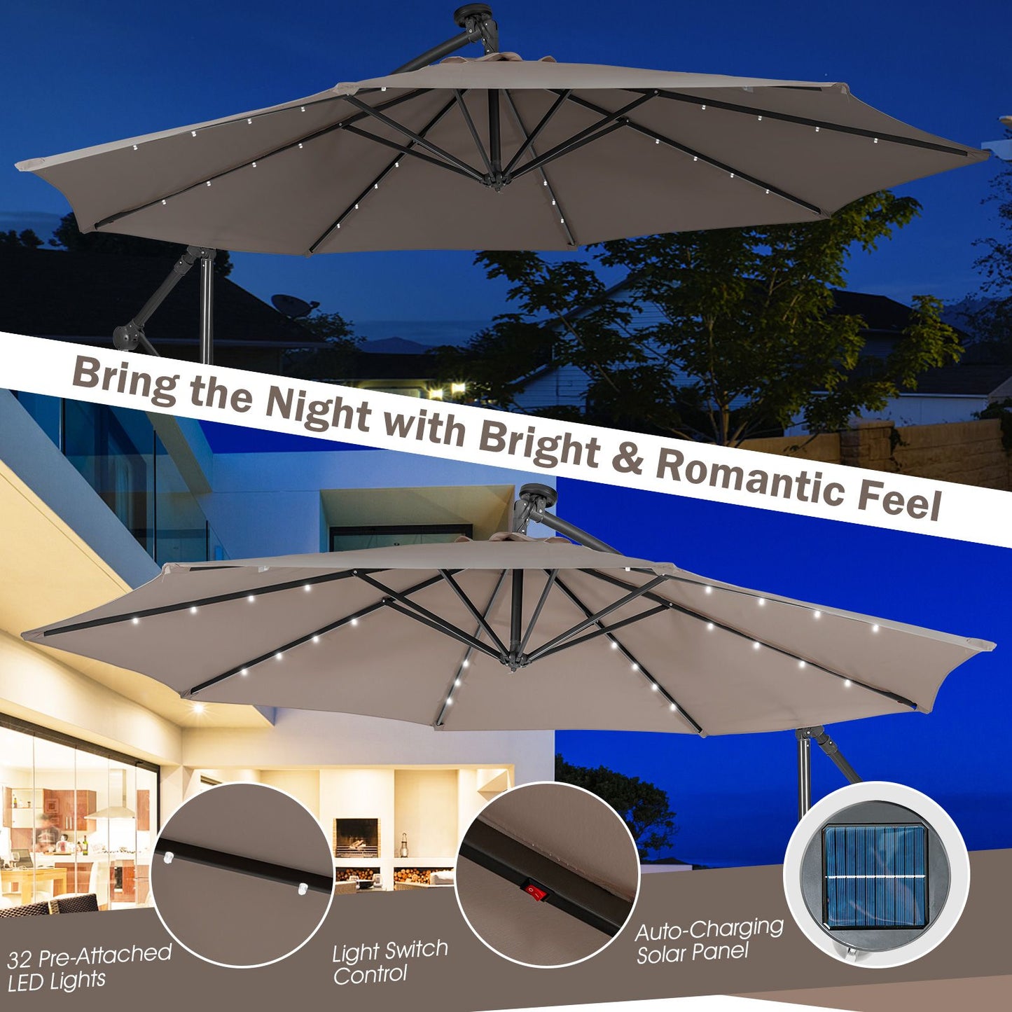 10 ft Cantilever Umbrella with 32 Solar-Powered LED Lights for Backyard Poolside Market-Coffee