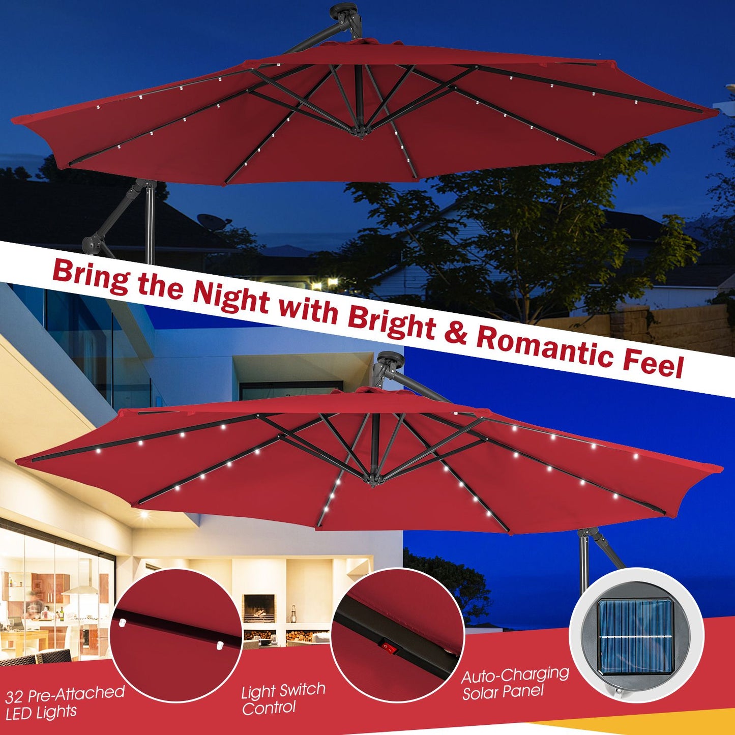 10 ft Cantilever Umbrella with 32 Solar-Powered LED Lights for Backyard Poolside Market-Wine