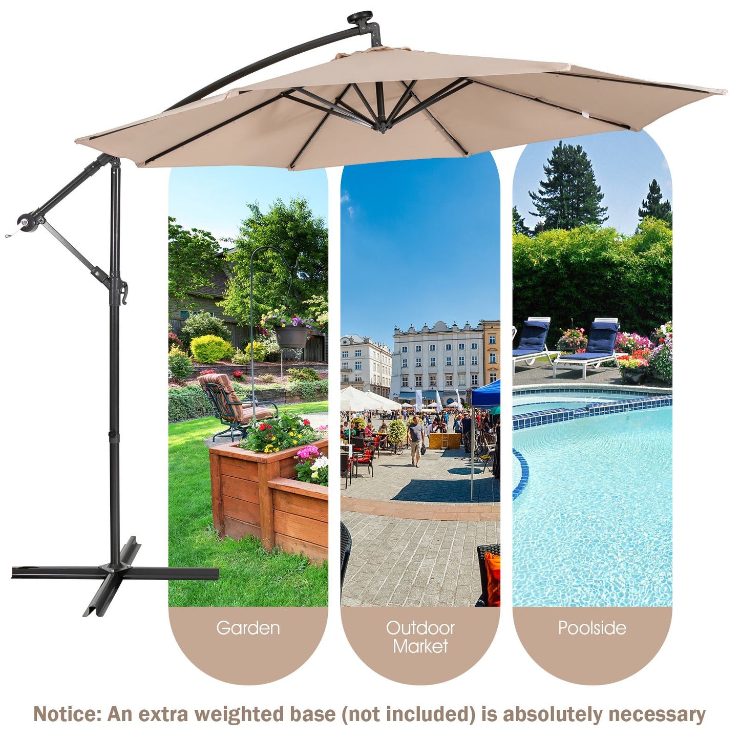 10 ft Cantilever Umbrella with 32 Solar-Powered LED Lights for Backyard Poolside Market-Beige