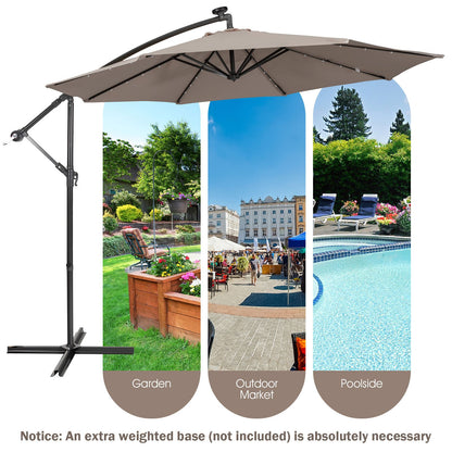 10 ft Cantilever Umbrella with 32 Solar-Powered LED Lights for Backyard Poolside Market-Coffee