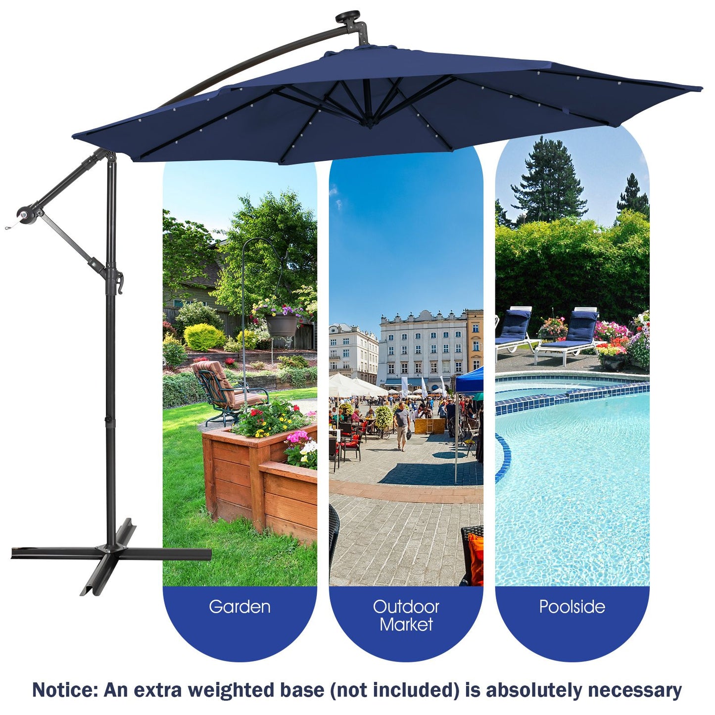 10 ft Cantilever Umbrella with 32 Solar-Powered LED Lights for Backyard Poolside Market-Navy