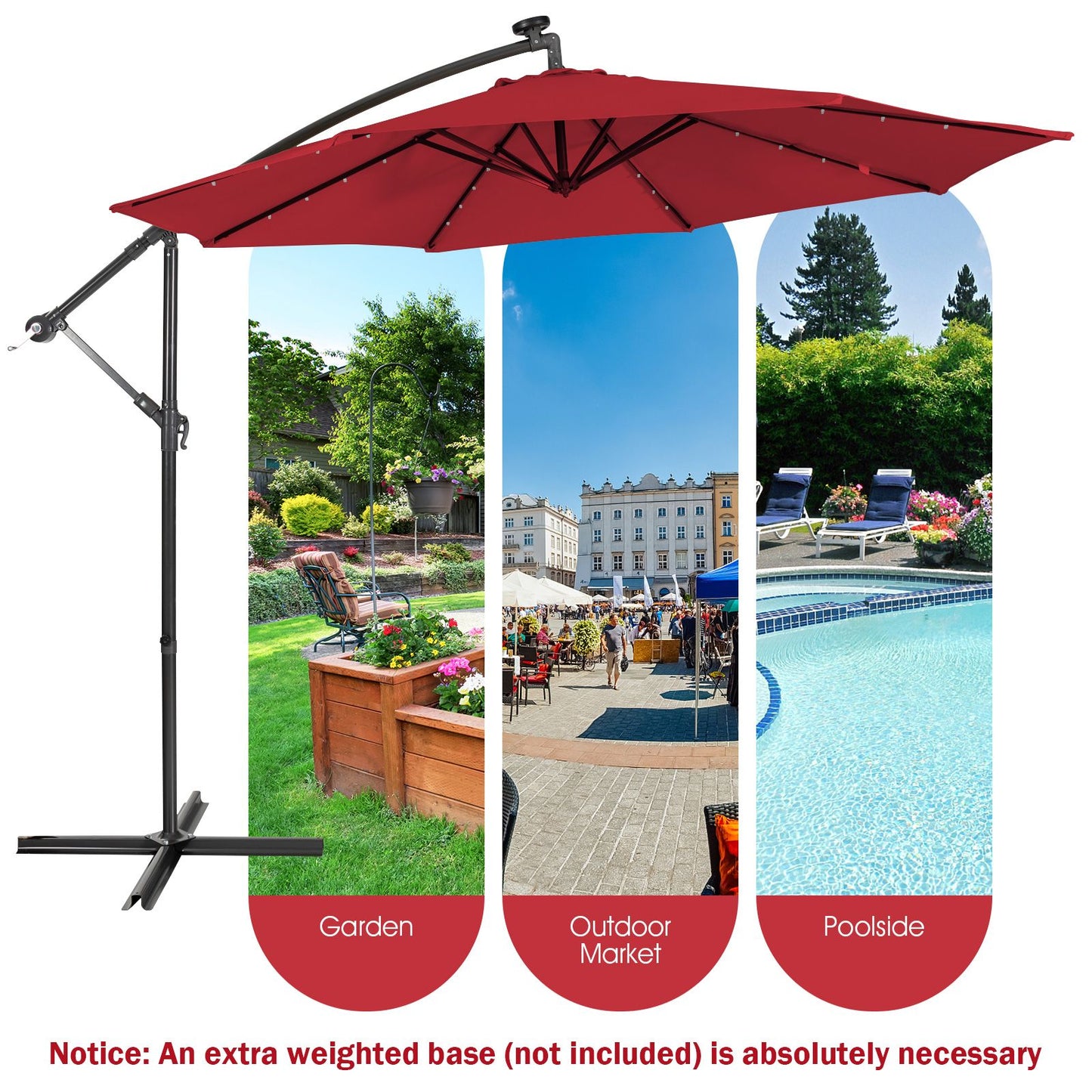 10 ft Cantilever Umbrella with 32 Solar-Powered LED Lights for Backyard Poolside Market-Wine