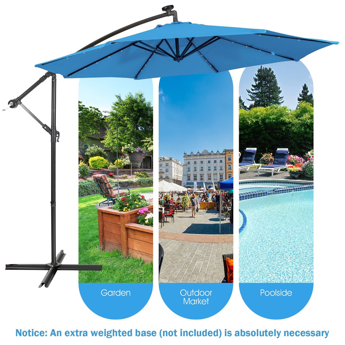 10 ft Cantilever Umbrella with 32 Solar-Powered LED Lights for Backyard Poolside Market-Blue